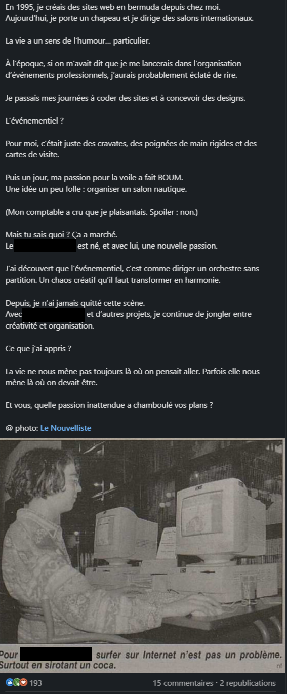 Post LinkedIn écrit pour un dirigeant, son histoire appuyée sur une photo d'archives